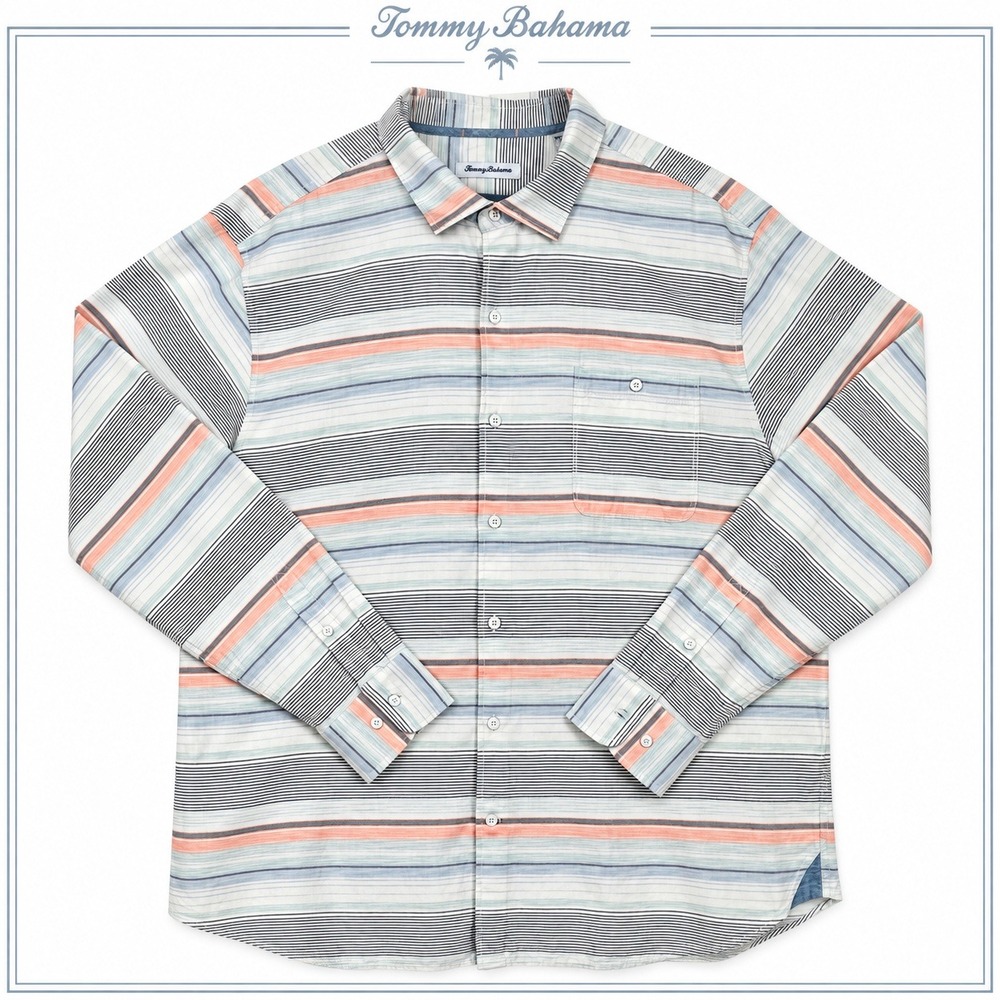 Tommy Bahama Tencel Shirt Mens XXL White Gray Stripe Long Sleeve Coastal Resort